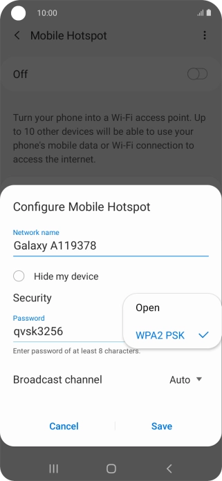 Press WPA2 PSK to password protect your Wi-Fi hotspot.
