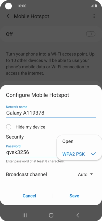 Press WPA2 PSK to password protect your Wi-Fi hotspot.
