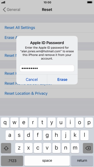 Key in the password for your Apple ID and press Erase. Wait a moment while the factory default settings are restored. Follow the instructions on the screen to set up your phone and prepare it for use.