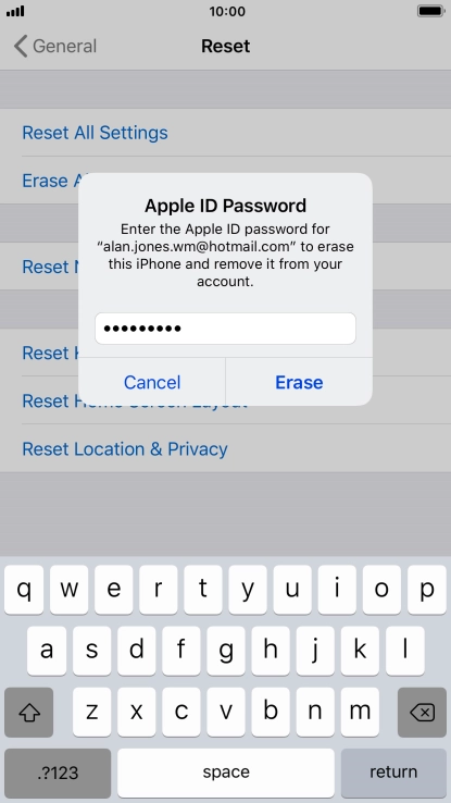 Key in the password for your Apple ID and press Erase. Wait a moment while the factory default settings are restored. Follow the instructions on the screen to set up your phone and prepare it for use.