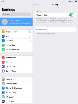Press Back Up Now and wait while the tablet memory is backed up.