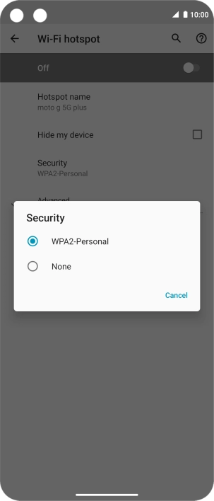 Press WPA2-Personal to password protect your Wi-Fi hotspot.
