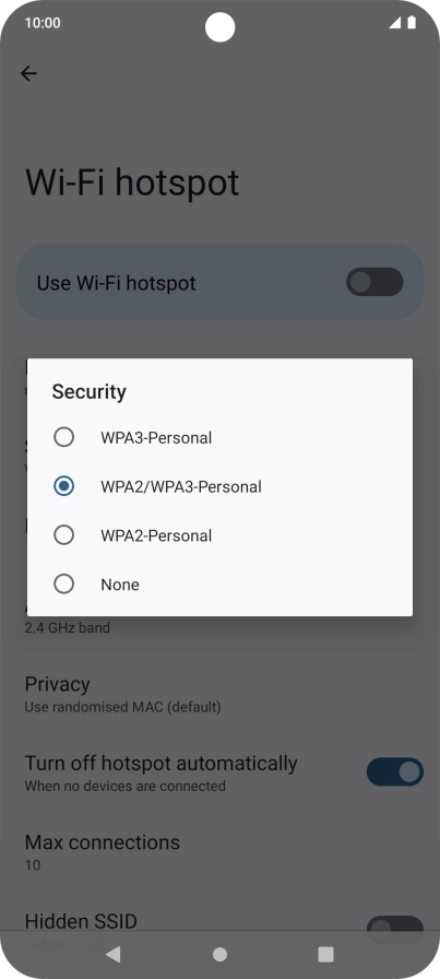 Press WPA3-Personal to password protect your Wi-Fi hotspot.