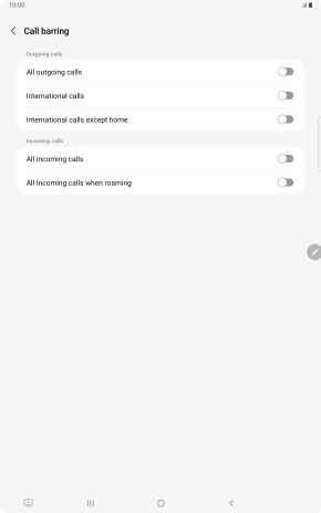 Press the indicator next to the required barring type to turn the function on or off.