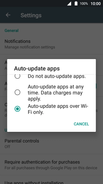 To turn on automatic update of apps using Wi-Fi, press Auto-update apps over Wi-Fi only..