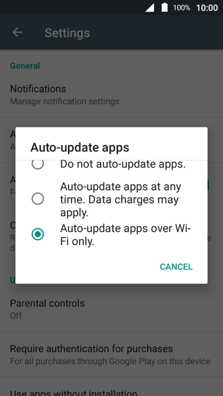 To turn on automatic update of apps using Wi-Fi, press Auto-update apps over Wi-Fi only..
