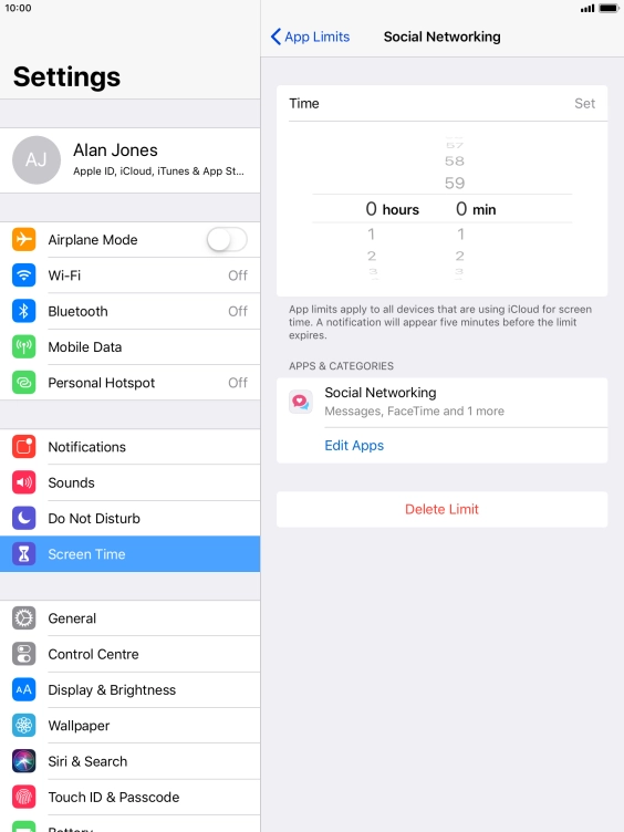 Set the required time limit for use of the selected category.