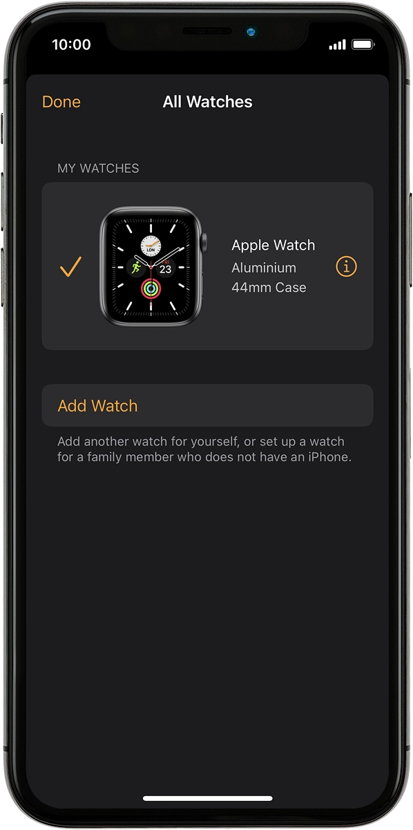 On your phone: Press the information icon next to the name of your Apple Watch.
