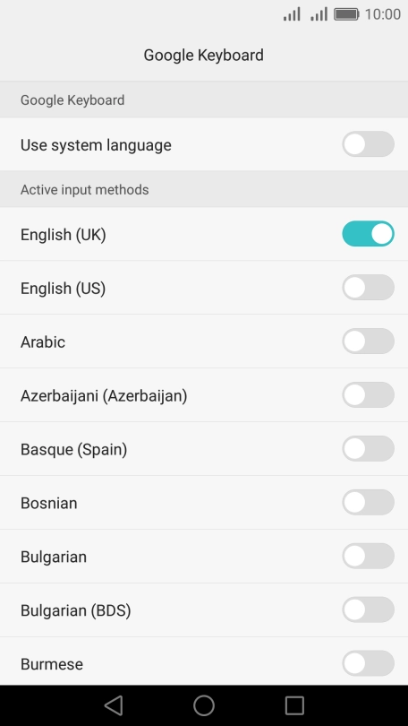 Press the indicator next to the required language to add it as a writing language.