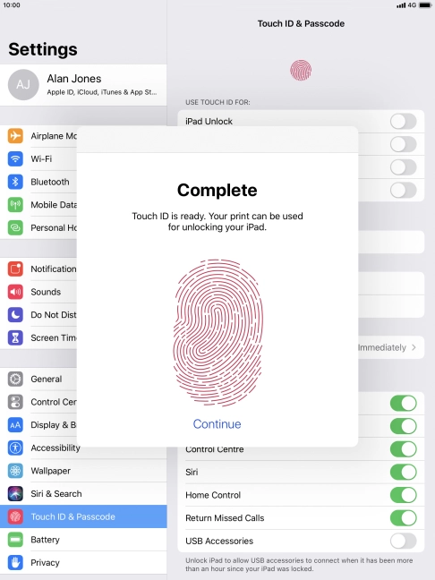 Press Continue. If you haven't previously selected a lock code, key in a code of your own choice twice.