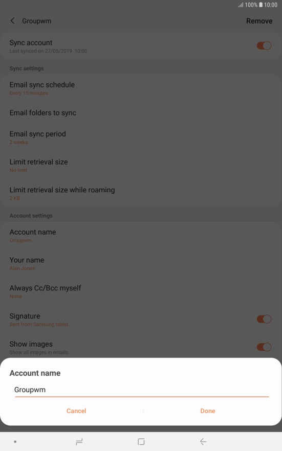 Key in the required name for the email account and press Done.