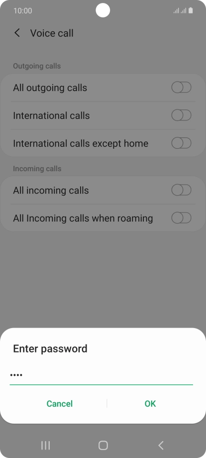 Key in your barring password and press OK. The default barring password is 0000.