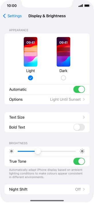 If you turn on the function, press Options and follow the instructions on the screen to select the required period of time for Dark Mode.