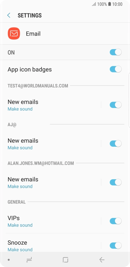 Press the indicator next to the required email account to turn the function on or off.