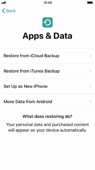 You can restore content from an iCloud backup when your phone is activated for the first time and after a factory reset. When this screen is displayed, your phone is ready to restore content from an iCloud backup.