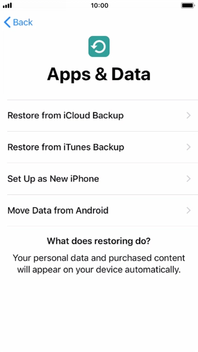 You can restore content from an iCloud backup when your phone is activated for the first time and after a factory reset. When this screen is displayed, your phone is ready to restore content from an iCloud backup.