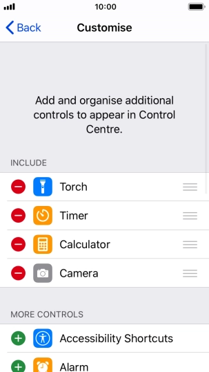Press the delete icon next to the required function to remove it from Control Centre.