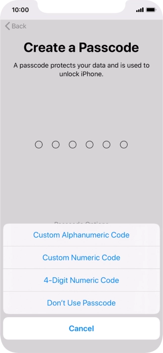 Follow the instructions on the screen to turn on use of phone lock code or press Don't Use Passcode.
