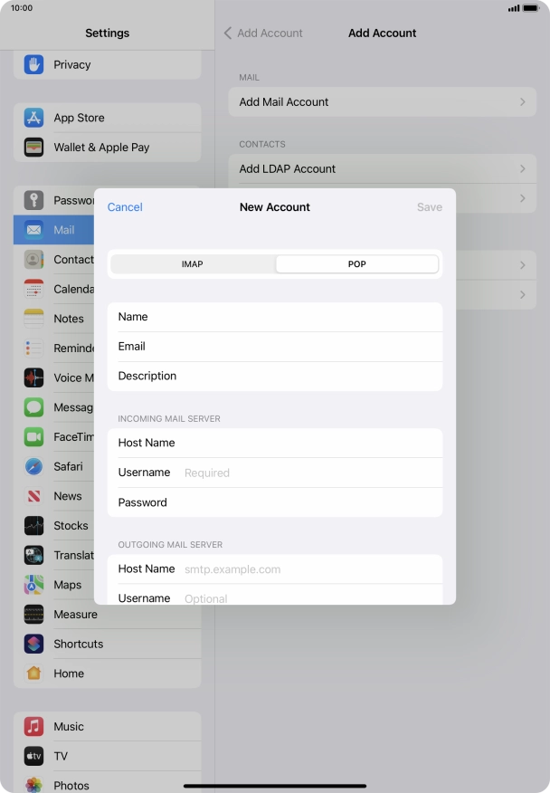 Press Username and key in the username for your email account.