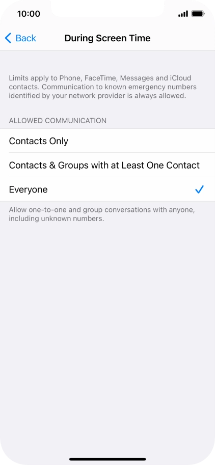 Press the required setting.