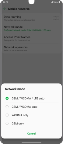 Press the required network mode.