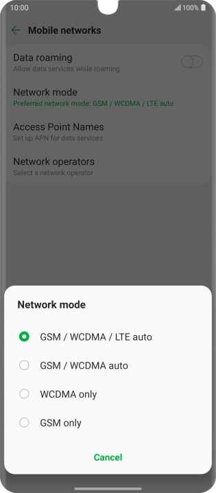 Press the required network mode.