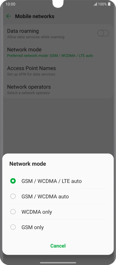 Press the required network mode.