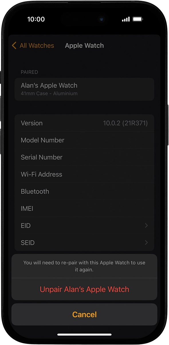 On your phone: Press Unpair Apple Watch and follow the instructions on the screen to unpair your Apple Watch and your phone. When prompted, key in the password for your Apple ID.