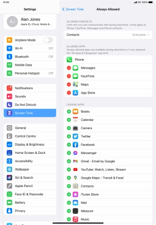Press the remove icon next to the required app to remove it from the list of allowed apps during Downtime.