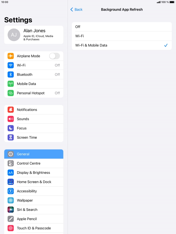 To turn off background refresh of apps, press Off.