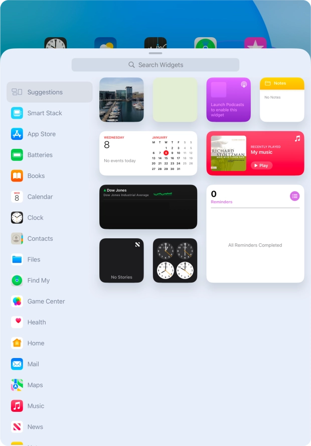 Press the required widget. Press the required widget.