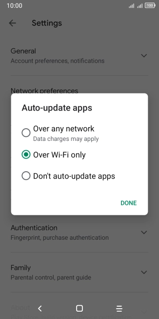 To turn on automatic update of apps using mobile network, press Over any network.