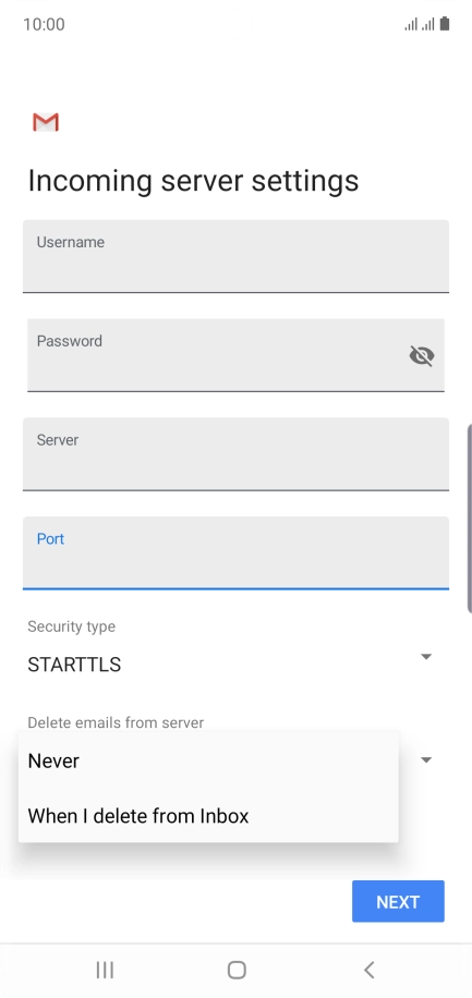 Press Never to keep email messages on the server when you delete them on your phone.