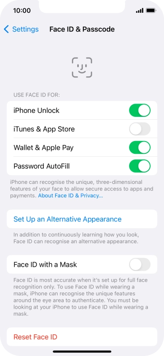 Press the indicators next to the required settings to turn them on or off.