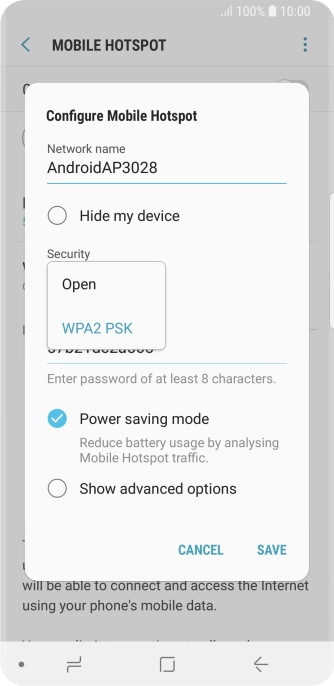 Press WPA2 PSK to password protect your Wi-Fi hotspot.