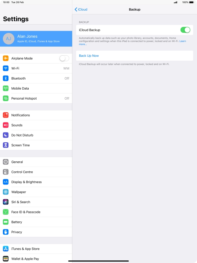 Press Back Up Now and wait while the tablet memory is backed up.