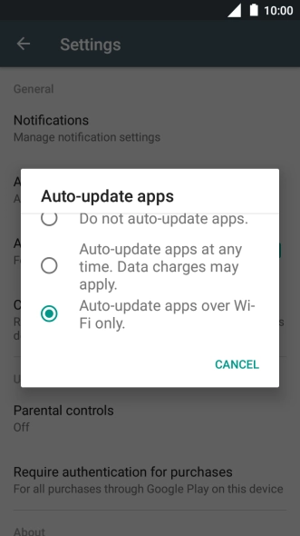 To turn on automatic update of apps using Wi-Fi, press Auto-update apps over Wi-Fi only..