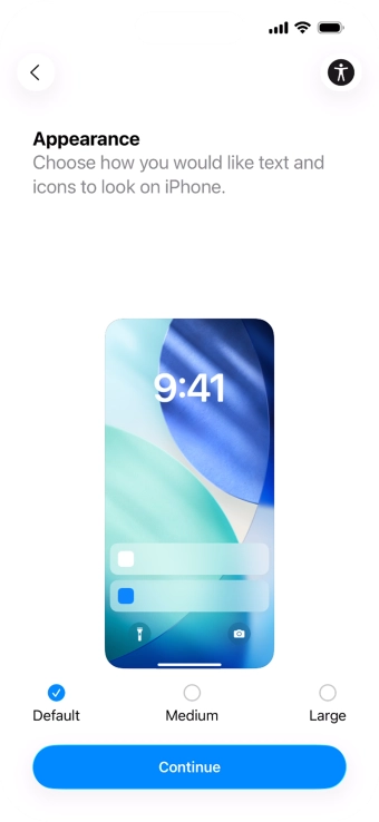 Select the required text and icon size on your phone and press Continue.