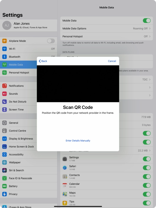Place the QR code you've received inside the tablet camera frame to scan the code.