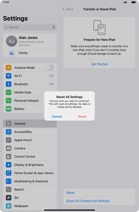 Press Reset. Wait a moment while the factory default settings are restored. Follow the instructions on the screen to set up your tablet and prepare it for use.