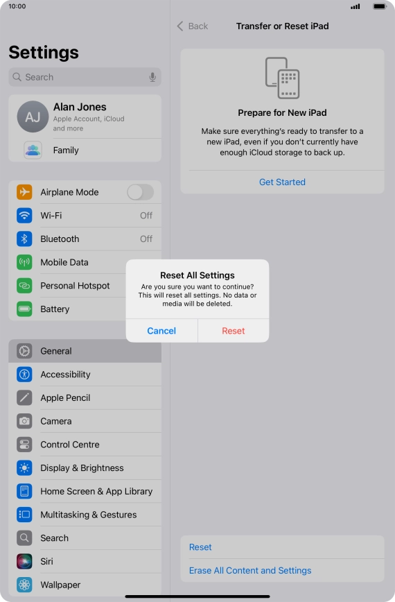 Press Reset. Wait a moment while the factory default settings are restored. Follow the instructions on the screen to set up your tablet and prepare it for use.