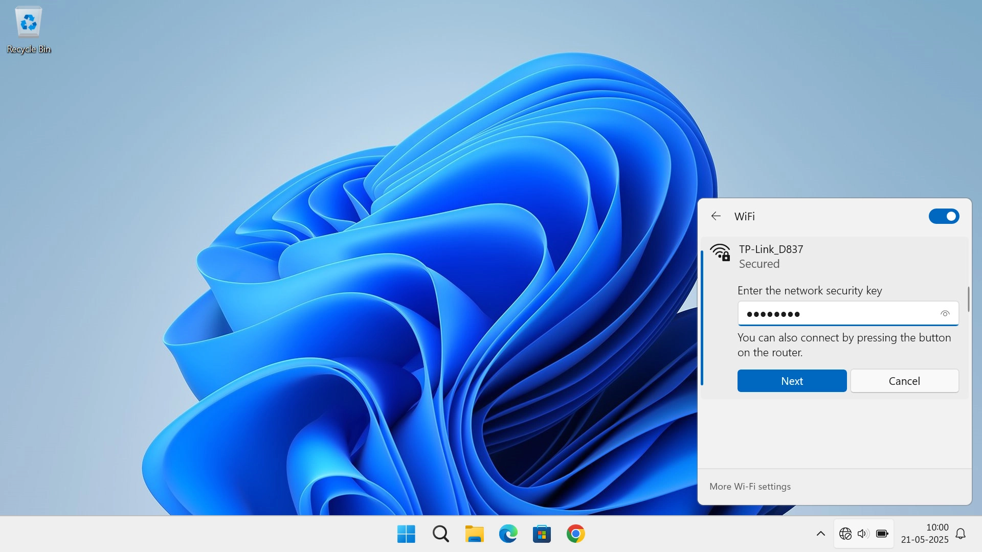 Key in the Wi-Fi password for your Wi-Fi hotspot and click Next.
