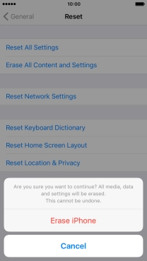 Press Erase iPhone. Wait a moment while the factory default settings are restored. 
Follow the instructions on the screen to set up your phone and prepare it for use.