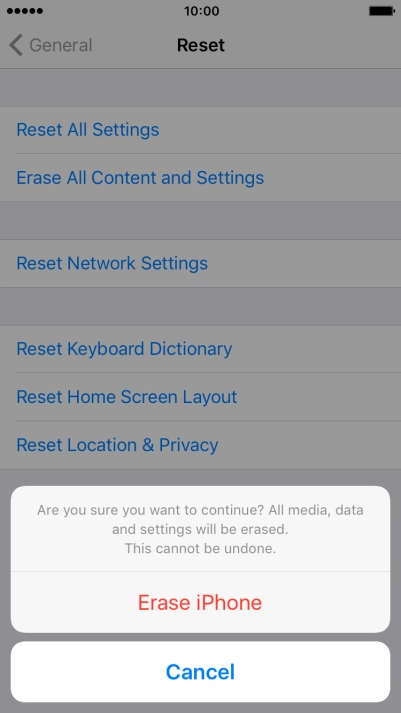 Press Erase iPhone. Wait a moment while the factory default settings are restored. 
Follow the instructions on the screen to set up your phone and prepare it for use.