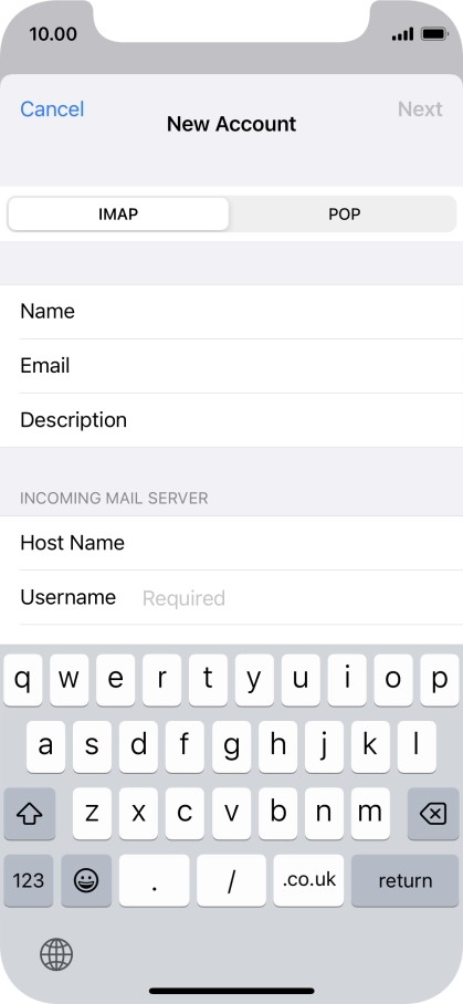 Press Username and key in the username for your email account.