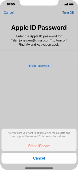 Key in the password for your Apple ID and press Erase iPhone. Wait a moment while the factory default settings are restored. Follow the instructions on the screen to set up your phone and prepare it for use.