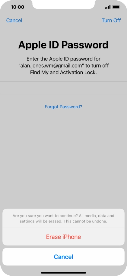 Key in the password for your Apple ID and press Erase iPhone. Wait a moment while the factory default settings are restored. Follow the instructions on the screen to set up your phone and prepare it for use.