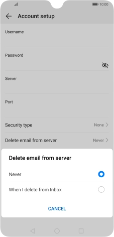 Press Never to keep email messages on the server when you delete them on your phone.