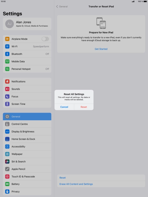 Press Reset. Wait a moment while the factory default settings are restored. Follow the instructions on the screen to set up your tablet and prepare it for use.