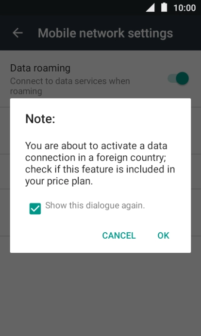 If you turn on data roaming, press OK.